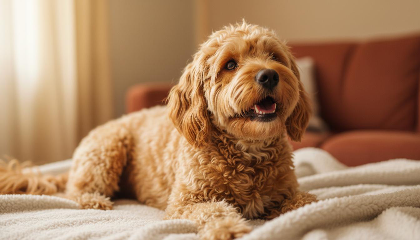 Goldendoodle with bright eyes and healthy coat after better nutrition
