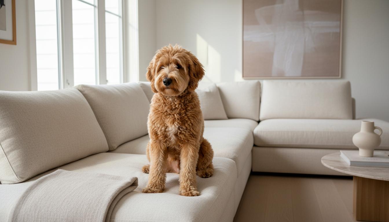Goldendoodle relaxing on a couch with healthy coat
